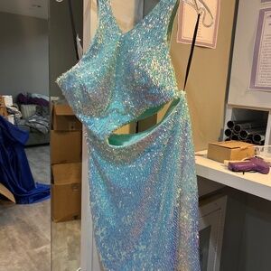 Alyce 4766 Mint Opal Asymmetrical Mini Dress with Side Cut Out